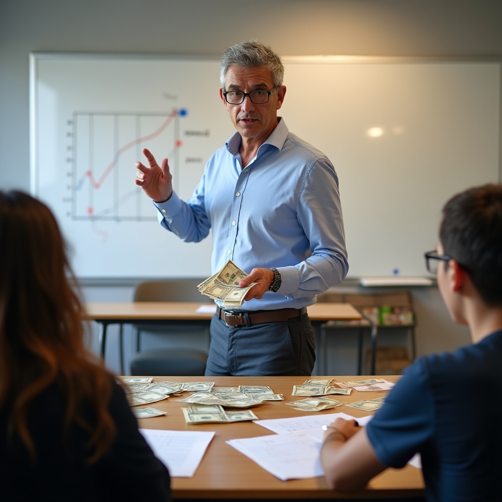 Instructor demonstrating cash organization and denomination sorting at a workshop table
