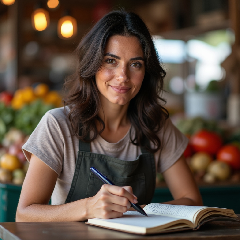 Market vendor filling out a daily sales log with a pen at the end of the trading day