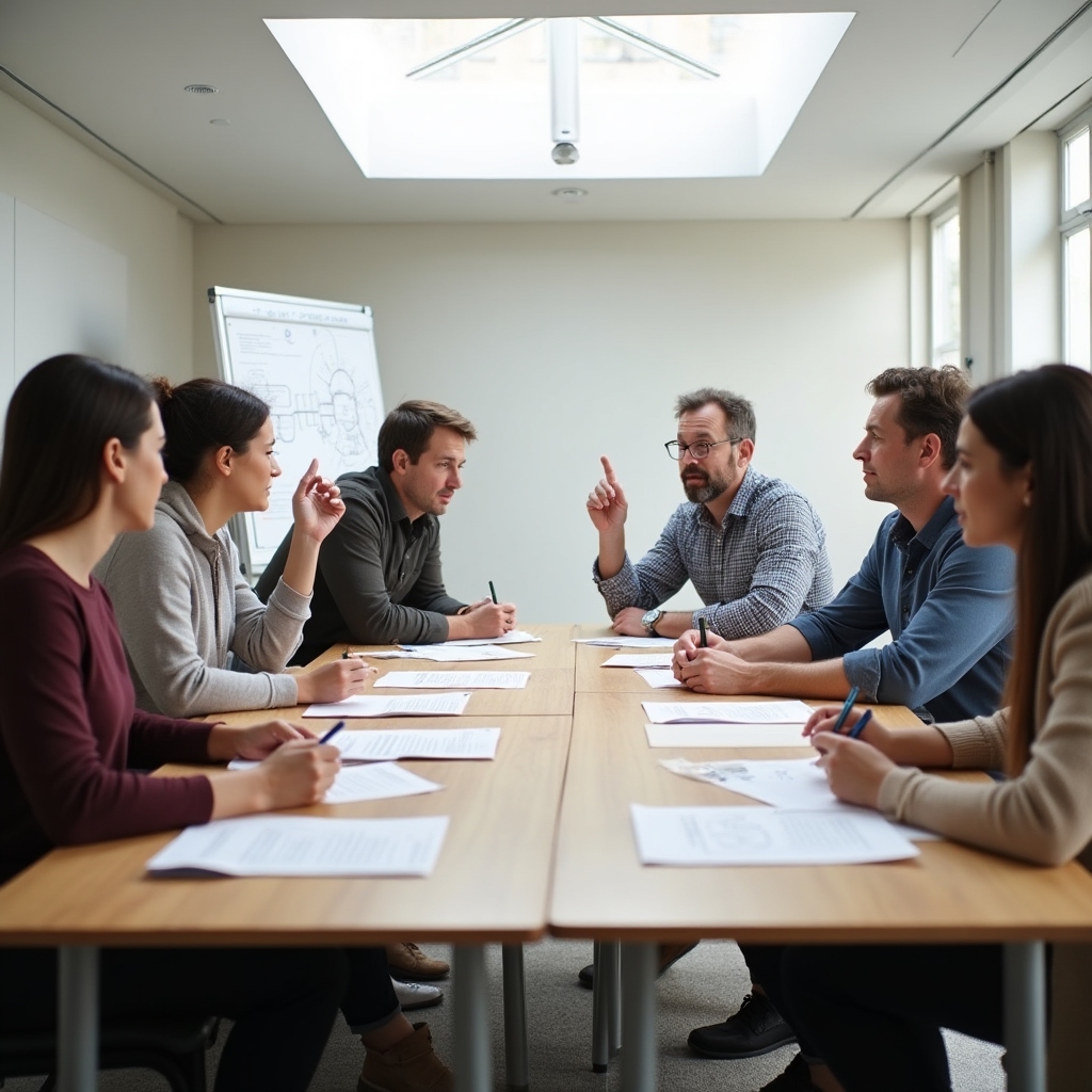 Diverse group of adults engaged in a training workshop around a table with printed materials