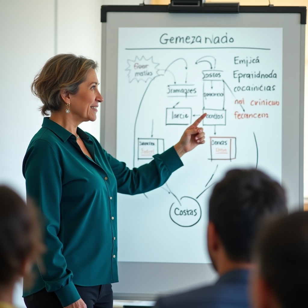 Instructor pointing to a simple hand-drawn business diagram on a whiteboard in a training room