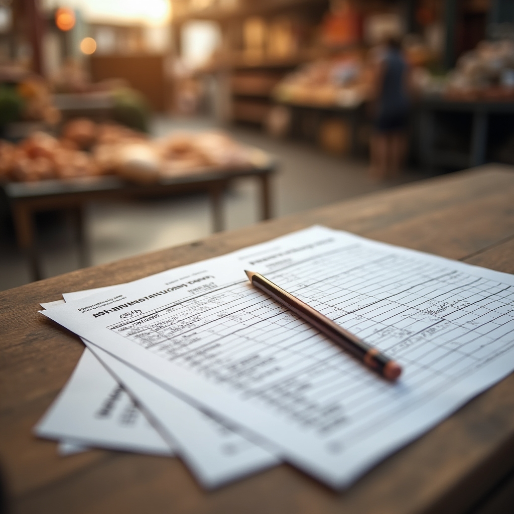 Close-up of a hand-written inventory tracking sheet on a wooden market table