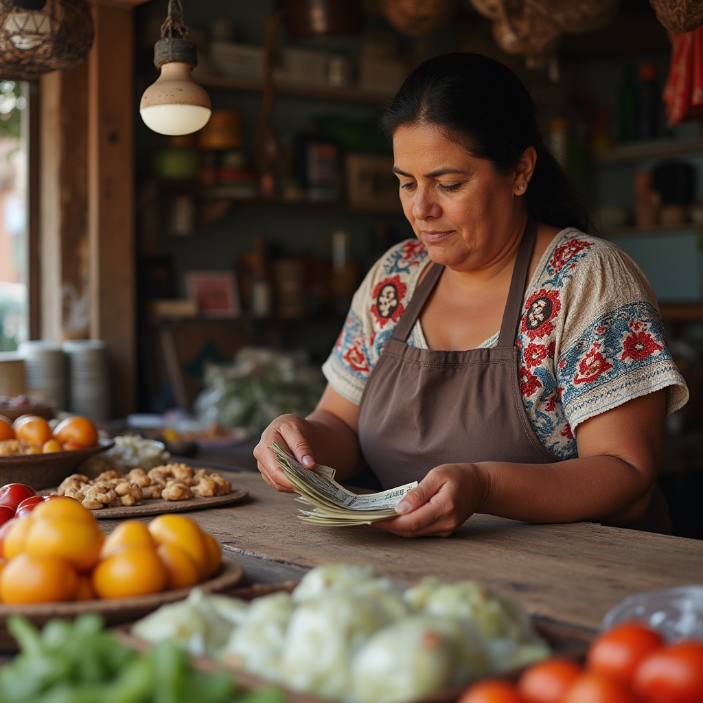 Market vendor carefully counting daily earnings at a stall