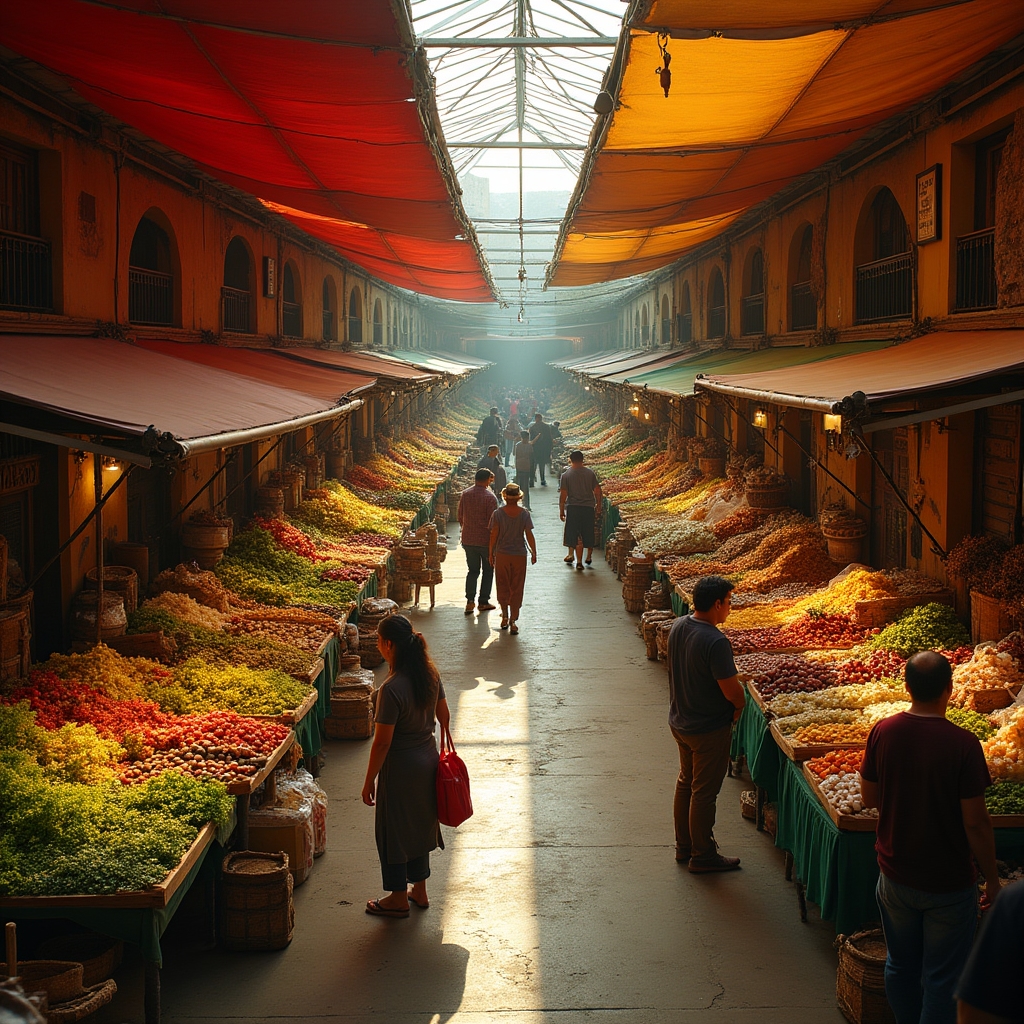 Wide view of a busy public market with colorful stalls and vendors in Veracruz