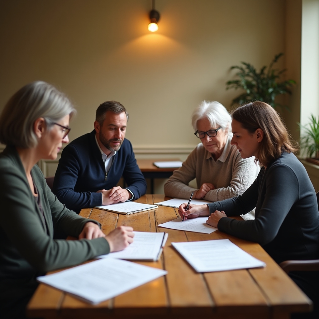 Small group training session with notebooks and printed materials on a table