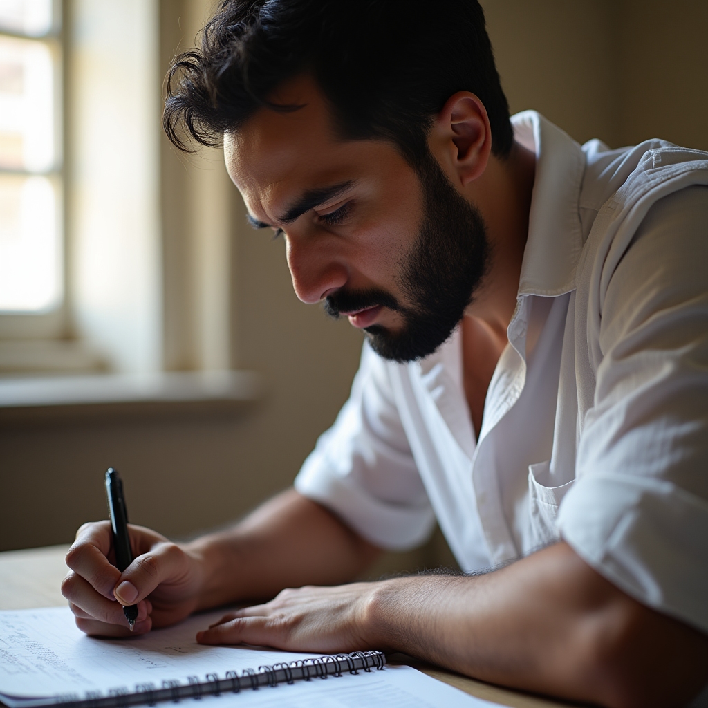 Vendor writing notes during a training session, focused expression, natural light